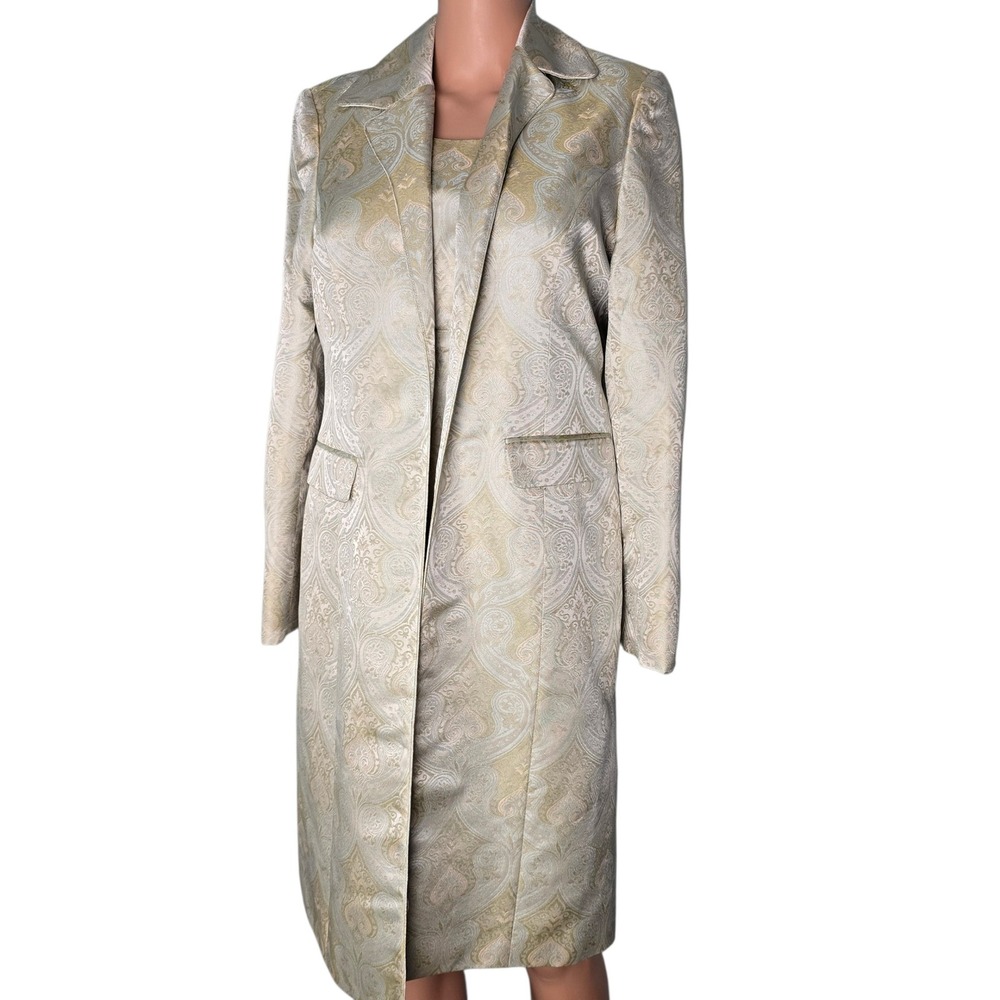 Amanda‎ Smith Petite 100% Silk Paisley Brocade Dress Duster Coat Set Gold 8P
